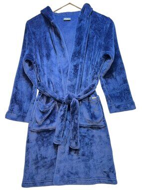 Eddie Bauer Kids Fleece Hooded Bathrobe Long Sleeve Tie Waist Sz M Blue Pockets